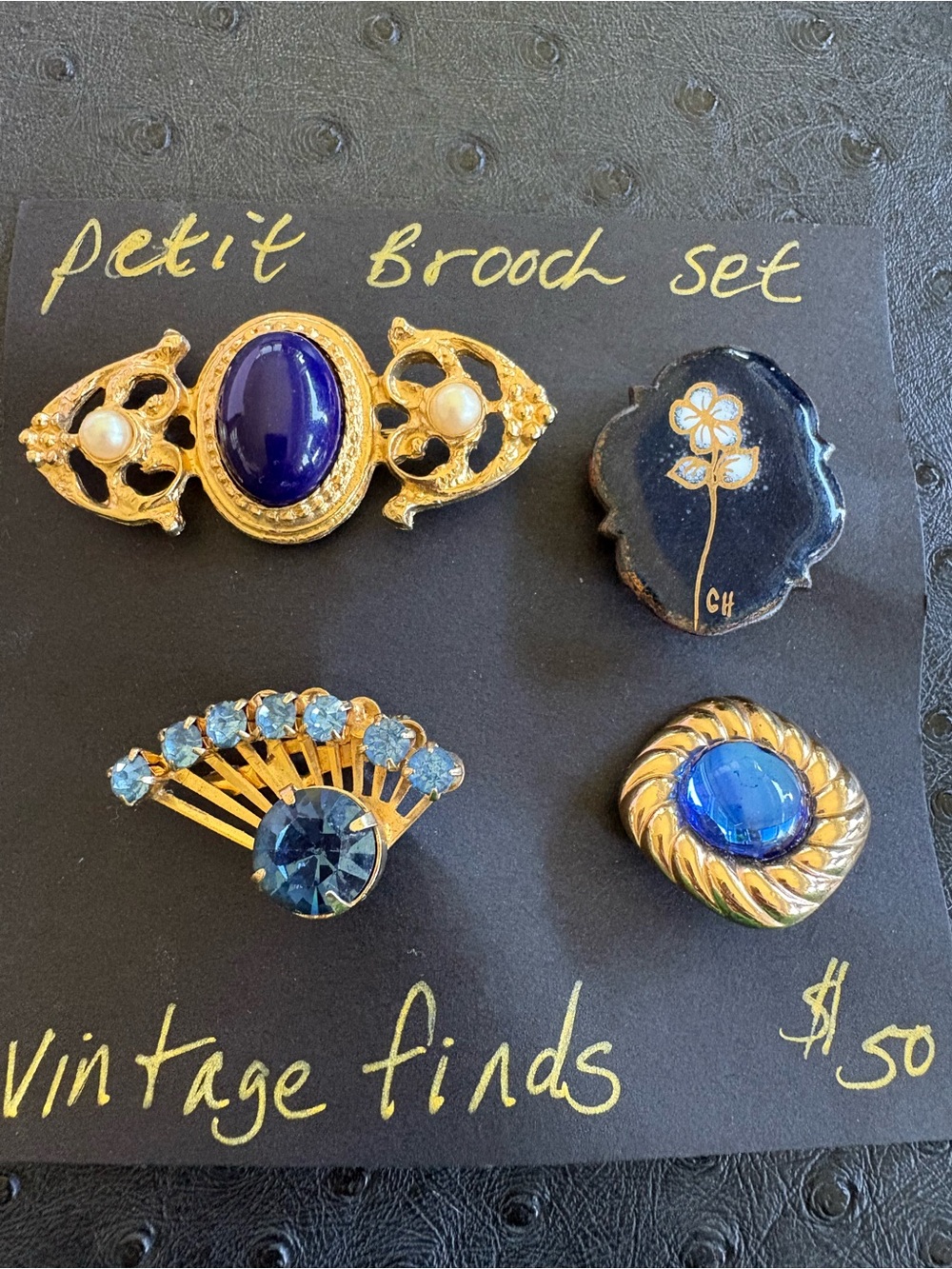 Vintage Gold-Tone Brooch Set with Blue Cabochons